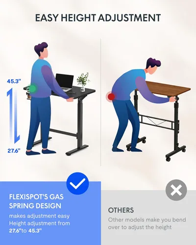 Vista 9 de FLEXISPOT H7 Plus - Escritorio móvil de pie, neumático ajustable, de una sola pieza, 32 pulgadas Cordless standing desk with stable dual-column