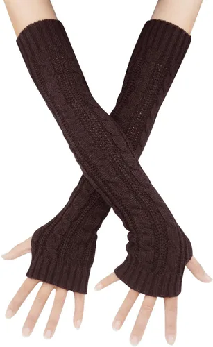 Vista 19 de Bellady Guantes de invierno para mujer, cálidos sobre el codo, guantes largos sin dedos con agujero para el pulgar, guantes de punto para calentar