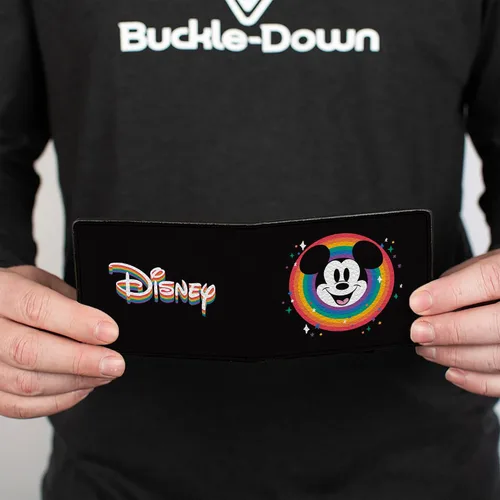 Vista 4 de Buckle-Down Cartera de Disney, plegable, cara sonriente de Mickey Mouse y logotipo de Disney Pride, cuero vegano, Gris, Casual