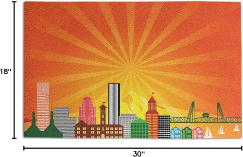 Vista 6 de Lunarable Oregon Felpudo de la ciudad de Portland Landmarks Hawthrone Bridge y arquitectura con fondo Sunburst, tapete decorativo de poliéster