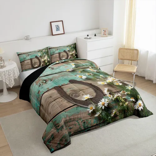 Vista 3 de Juego de ropa de cama rústica de granja color verde azulado con puerta de granero de madera, edredón de plumas tamaño Queen, decoración occidental