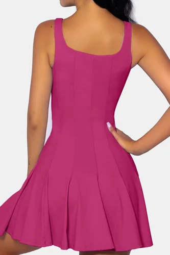 Vista 2 de QINSEN Vestido de tenis sin mangas para mujer con pantalones cortos, cuello cuadrado, acanalado, plisado, vestidos atléticos