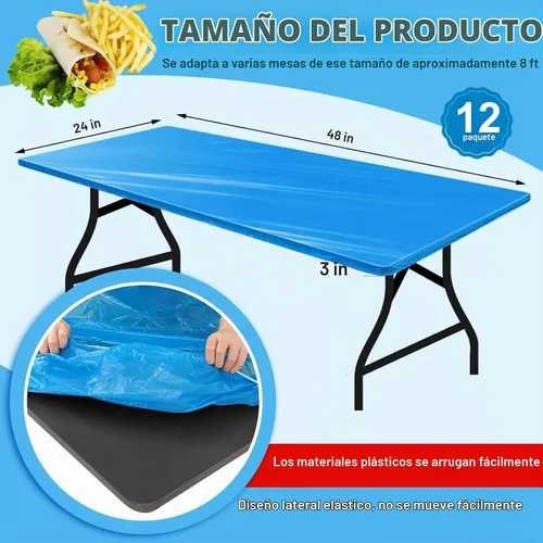 Vista 2 de Boao 12 piezas de manteles de plástico desechables para mesas con borde elástico ajustable, manteles rectangulares impermeables para mesas de Azul