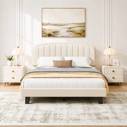 Vista 9 de Cozy Castle Base de cama tamaño Full, plataforma tapizada con cabecera curvada ajustable de terciopelo, base de colchón con listones de madera Crema