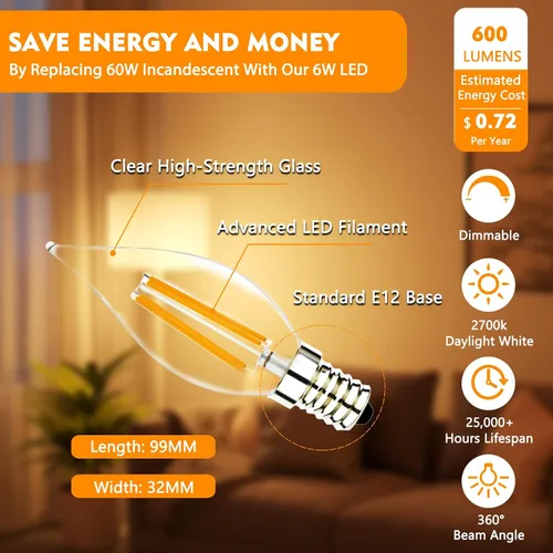 Vista 2 de Bombillas LED equivalentes a 60 vatios, bombilla LED vintage con punta de llama, bombilla LED E12 regulable 2700 K blanco cálido suave, bombilla LED