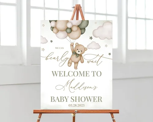 Vista 15 de Globo de aire caliente azul Boho Bear Can Bearly Wait Welcome Sign Decoración, descarga instantánea, letrero de plástico