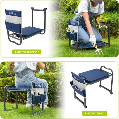 Vista 7 de ikkle Taburete de jardín y asiento de jardinería, banco de jardinería plegable con almohadilla de rodillas desmontable más gruesa y bolsas