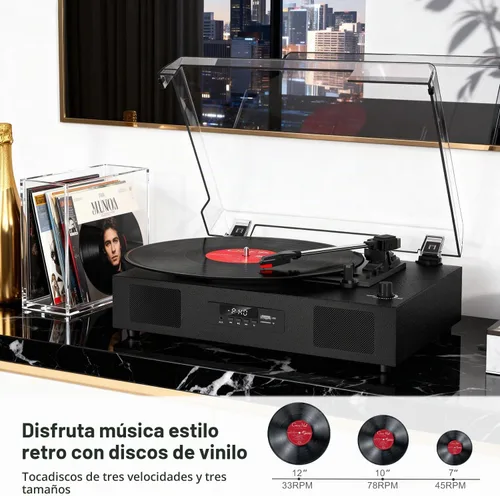 Vista 7 de Tocadiscos de vinilo Bluetooth con dos altavoces incorporados, grabación USB, transmisión por correa, 3 velocidades, tocadiscos para discos