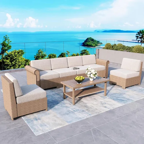 Vista 13 de SUNSHINE VALLEY - Juego de muebles de mimbre para patio de 6 piezas con 5