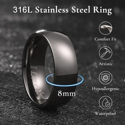 Vista 62 de King Will Alianza de boda de acero inoxidable 316L para hombres y mujeres, anillo de boda de 0.31 a 0.315 pulgadas de ancho, chapado en negro