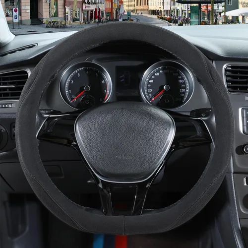 Vista 2 de Funda para volante en forma de D de gamuza negra de 13.5 a 14 pulgadas Warm in Winter and Cool in Summer, Small Felt Car Accessories, Breathable