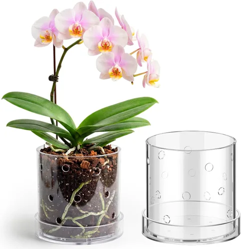 Vista 17 de Maceta de orquídea acrílica transparente de 4 pulgadas con agujeros redondos de 360° y bandeja