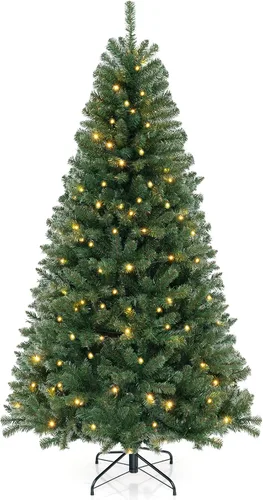 Vista 12 de Goplus Árbol de Navidad preiluminado de 6 pies, árbol de Navidad artificial con bisagras con 200 luces LED blancas cálidas, 8 modos de iluminación