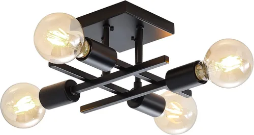 Vista 16 de Lámpara de techo industrial de 4 luces, semiempotrada, moderna lámpara de araña de níquel cepillado, lámpara de techo Sputnik con base de bombilla