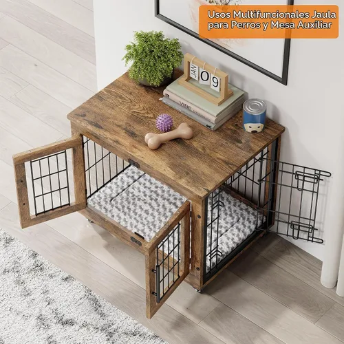 Vista 3 de Muebles de jaula para perros pequeños, perrera resistente de 27.1 pulgadas con cojín y ruedas Rustic Brown, Double Doors, Wooden Dog Cage