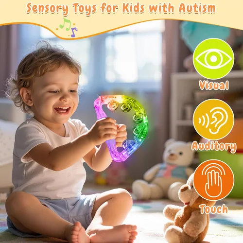 Vista 2 de Aywewii Pandereta LED – Juguetes sensoriales iluminados para niños con autismo y necesidades especiales, instrumento musical para niños pequeños