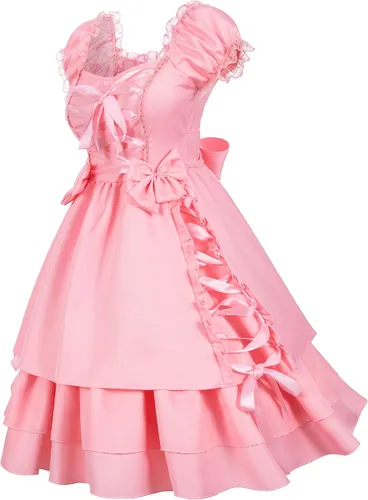 Vista 3 de Vestido clásico gótico con capas de encaje para sirvienta victoriana princesa negra cosplay disfraz medieval renacentista sombrero guantes