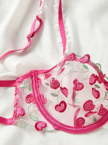 Vista 4 de WDIRARA Conjunto de lencería de dos piezas para mujer, con bordados de cerezo, con ribete de volados, malla y aros
