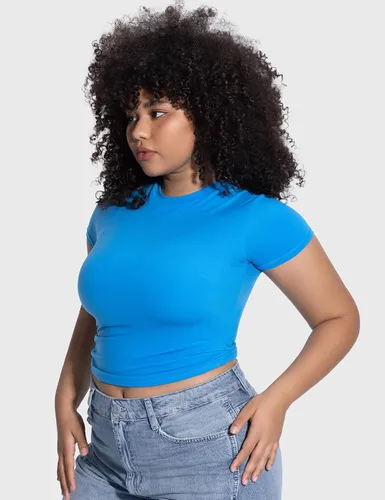 Vista 3 de PUMIEY Camiseta básica de manga corta con cuello redondo para mujer, con doble forro, ajustada, colección Smoke Cloud Pro