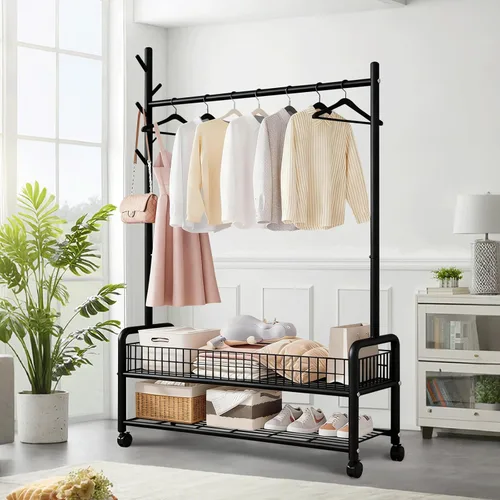Vista 9 de Perchero con estantes de almacenamiento, perchero resistente con ruedas para dormitorio, sala de estar, organización de lavandería