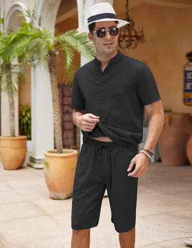 Vista 3 de COOFANDY Conjunto de 2 piezas de lino para hombre, camisas y pantalones cortos Henley de manga corta y pantalones cortos de verano para playa y yoga