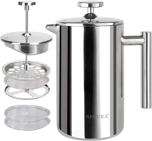 Vista 9 de Secura Cafetera de prensa francesa con filtro de acero inoxidable de 3 capas, 34 onzas, negro, diseño aislado de doble pared con 2 filtros