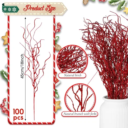 Vista 3 de Xinnun Ramas de Navidad con purpurina para decoración de jarrón, ramas rizadas, ramas artificiales, ramas para árbol de Navidad, manualidades Rojo