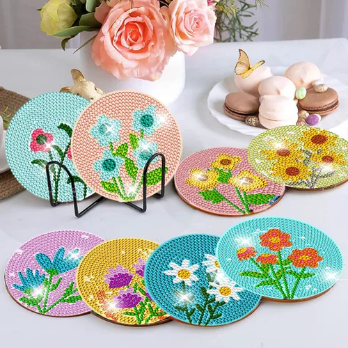 Vista 5 de DOTZSO Juego de 8 posavasos de arte de diamante con soporte, kits de arte de diamantes para adultos principiantes, pequeños posavasos de pintura