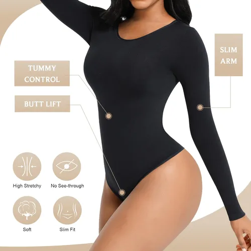 Vista 4 de FeelinGirl Body de tanga de manga larga sin costuras para mujer control de abdomen 2023 de moda de invierno