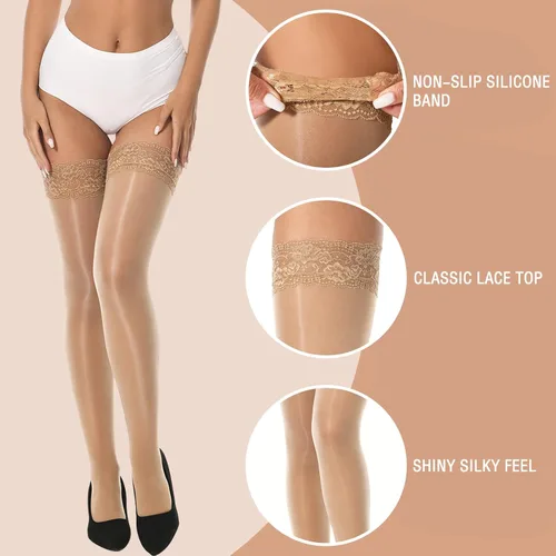 Vista 2 de MANZI Medias altas hasta el muslo brillantes con encaje sexy que se mantienen en pie, medias transparentes y sedosas para mujer, paquete de 2 pares