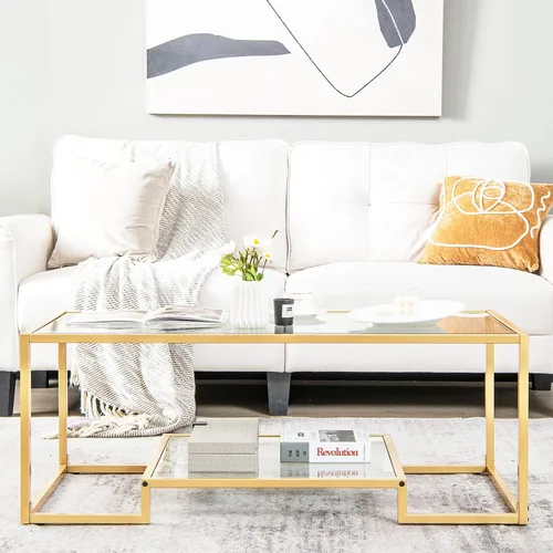 Vista 9 de COSTWAY Mesa auxiliar de cristal de 45 pulgadas, mesa decorativa rectangular de 2 niveles con estante de almacenamiento y marco de metal dorado