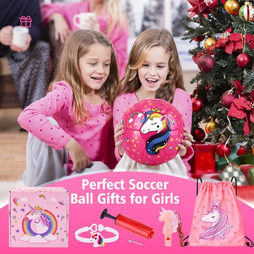 Vista 7 de JYPS Balón de fútbol de unicornio con purpurina, tamaño 3 para niños y principiantes de 3 a 8 años con bomba, bolsa, juguete suave y seguro