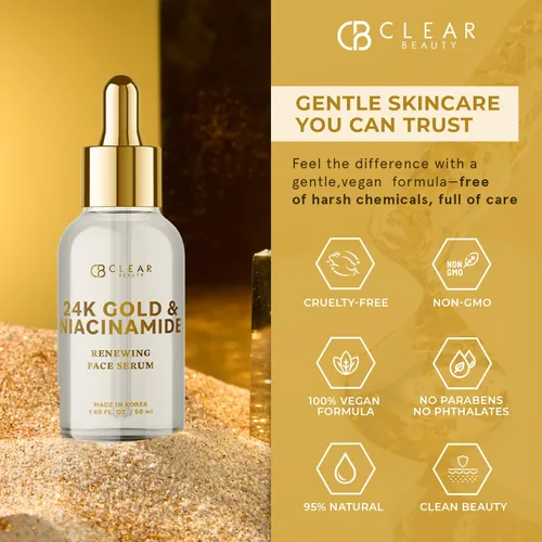 Vista 2 de Clear Beauty Suero de oro de 24 quilates y niacinamida para cara, antienvejecimiento, reafirmante, hidratación, tono y resplandor, probado por