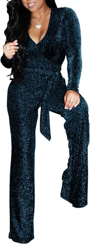 Vista 2 de LightlyKiss - Enterizo brillante con cuello en V para mujeres, con mangas largas y pantalones holgados con cinturón, sensual e informal para fiestas