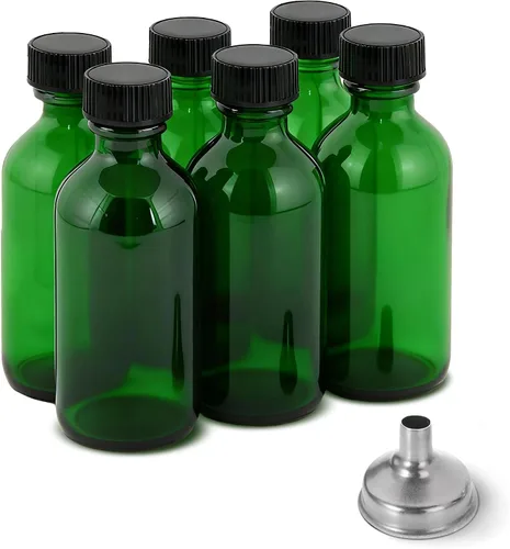 Vista 10 de Paquete de 6 botellas de vidrio ámbar de 2 onzas para extracto de vainilla, tarros redondos de vidrio marrón Boston a prueba de fugas con tapas