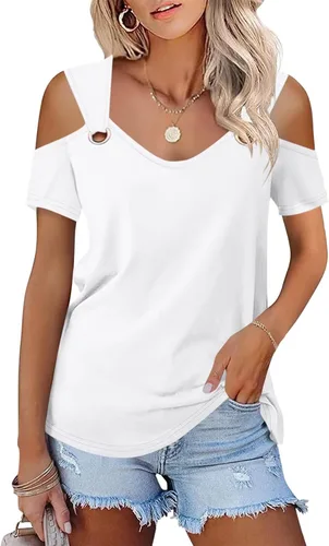 Vista 22 de Minetom - Camisetas básicas de verano para mujer, de manga corta, con hombros descubiertos y cuello en V