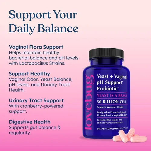 Vista 4 de LOVEBUG Probióticos para mujeres con Pancran® - Probiótico multi-cepa que apoya el equilibrio de IVU, BV, olor y pH - Probióticos vaginales