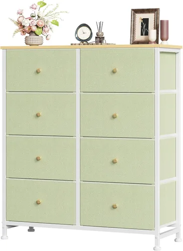 Vista 10 de Sweetcrispy Cómoda para dormitorio, cómoda de tela con 8 cajones, cómoda para armario, sala de estar, marco de acero resistente, parte superior
