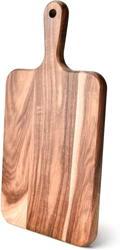 Vista 2 de Tabla de cortar de madera de acacia, tabla de cortar de madera para carne, queso, pan, verduras y frutas, tabla de charcutería con asa, 14 x 7