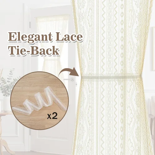 Vista 2 de MYSKY HOME Cortinas de encaje beige para puerta francesa de 40 pulgadas de largo, 2 paneles de cortinas florales bohemias transparentes para puerta