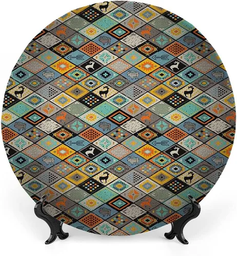 Vista 19 de Platos decorativos, adorno con estampado tribal, diseño de rayas estilo de cultura maya azteca, 6 pulgadas, 1 plato con 1 soporte de exhibición