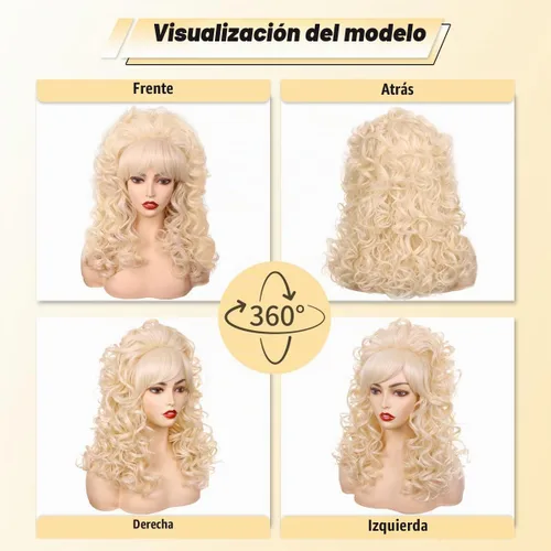 Vista 2 de Peluca rubia larga y rizada con flequillo, peluca de disfraz vintage para mujer Rubio