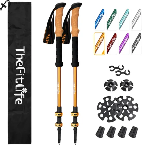Vista 7 de TheFitLife Bastones de senderismo para senderismo y caminar, aluminio ligero 7075 con bloqueo de metal y agarre de corcho natural, bastones