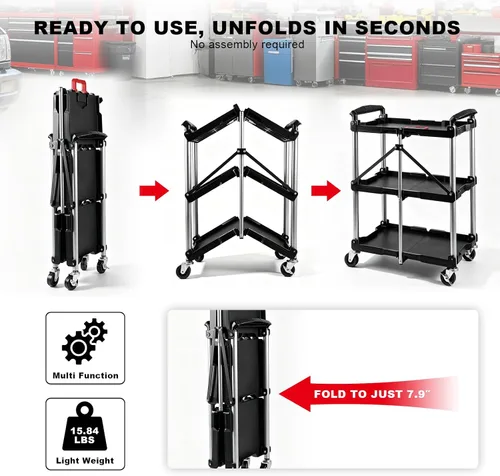 Vista 5 de BIG RED Folding Collapsible Service Cart, 3-Tier Utility Foldable Tool Cart
