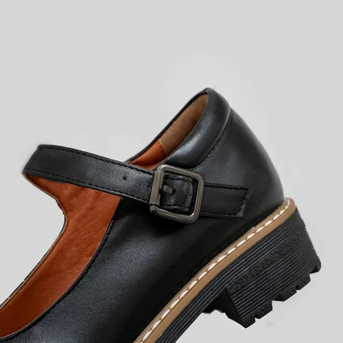 Vista 9 de Zapatos Oxford Mary Janes de cuero para mujer, zapatos planos gruesos y bajos de plataforma de costura retro clásicos con correa de tobillo