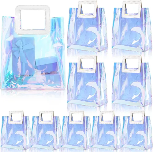 Vista 8 de CHENGU 10 bolsas iridiscentes, holográficas, transparentes, reutilizables, para cumpleaños, PVC, 7 x 8 x 4 pulgadas, bolsas con asa de compras, a