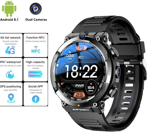 Vista 4 de Reloj inteligente con tarjeta SIM 4G, pantalla redonda de 1.39 pulgadas/cámara dual/con frecuencia cardíaca/cuerpo ultrafino/posicionamiento NFC