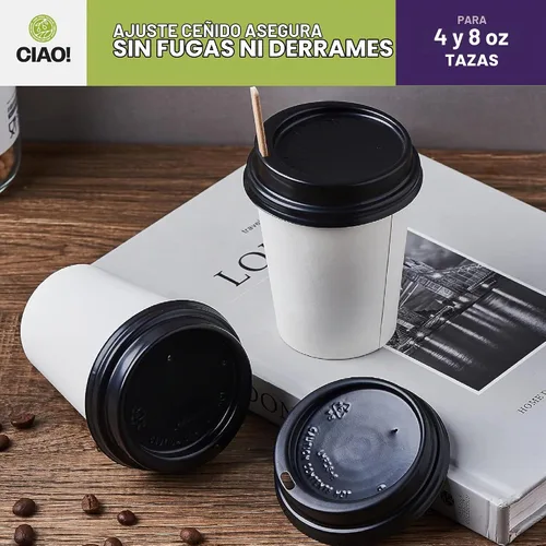 Vista 4 de CIAO! Taza de café de 8 onzas con tapa de cúpula negra, (80 mm) 1,000 unidades Negro (black Lids)