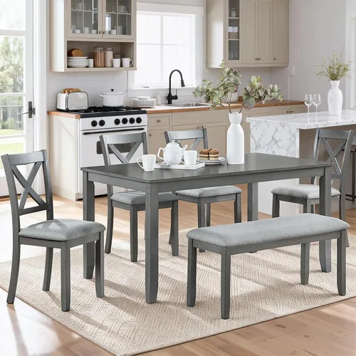 Vista 10 de Elegante juego de mesa de comedor de madera de 6 piezas con 4 sillas de respaldo de listones y un banco, juego de mesa de comedor de cocina para 6