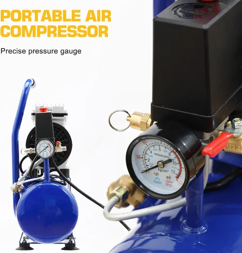 Vista 6 de Compresor de Aire Ultra Silencioso, 65dB, Sin Aceite, Acopladores Rápidos, 115PSI, Eléctrico Portátil para Neumáticos de Coche y Bicicleta, Pistola
